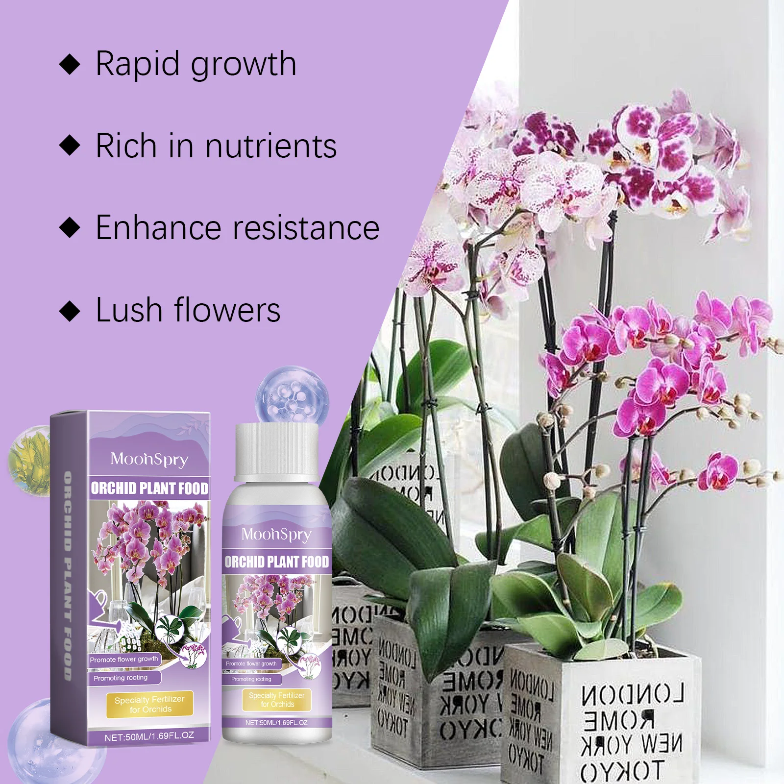 Plant Pot - สารกระตุ้นการเจริญเติบโตของต้นกล้วยไม้ - สารอาหารพิเศษสำหรับดอกไม้และพืชสีเขียว ใช้ได้กับต้นกล้วยไม้ทุกชนิด ปุ๋ยกล้วยไม้สำหรับบำรุงราก อาหารพืชเพิ่มความอุดมสมบูรณ์ของดอก
