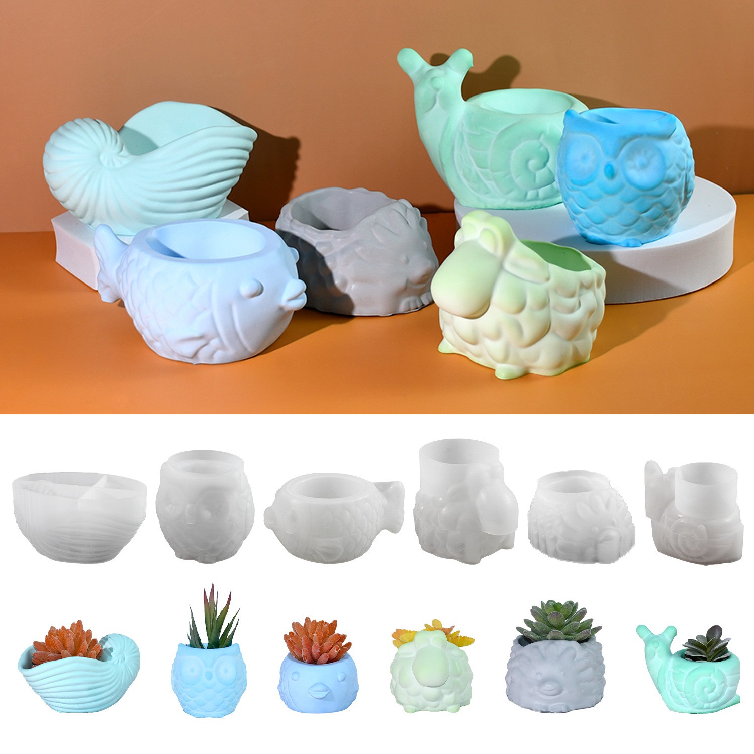 Succulent Set - 3D สัตว์ดอกไม้หม้อแม่พิมพ์ซิลิโคน DIY Snail นกฮูก Conch