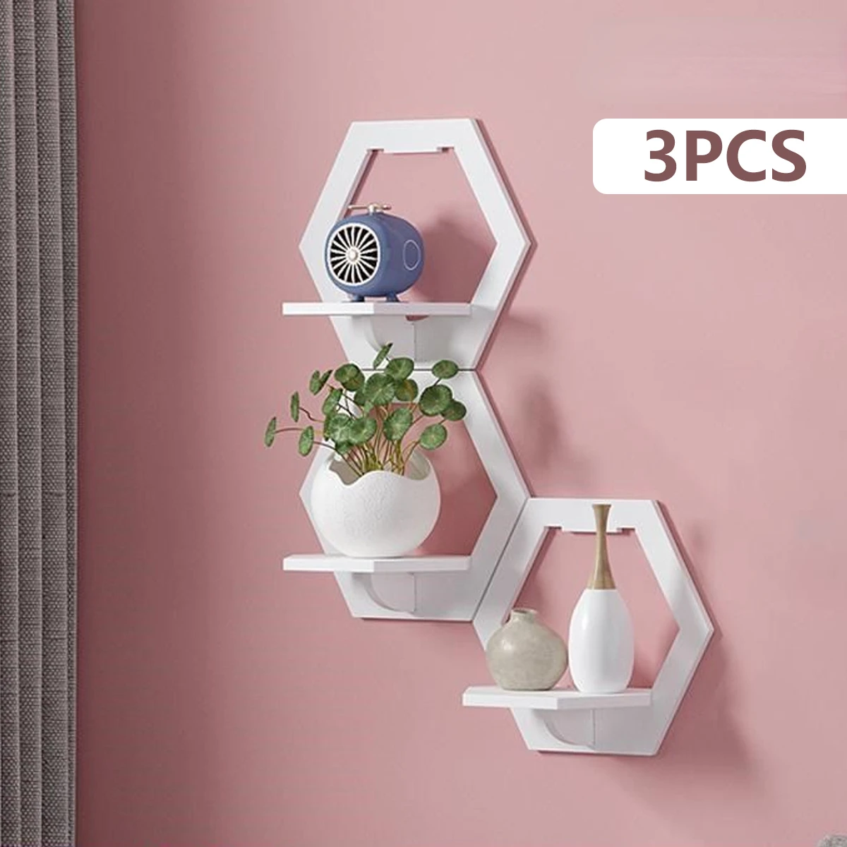 Terracotta Pot - 3 ชิ้นหกเหลี่ยมชั้นวาง Punch ฟรีข้างเตียงขาตั้งจอแสดงผลติดผนังผู้ถือหม้อดอกไม้พื้นหลังทีวีตกแต่งบ้าน