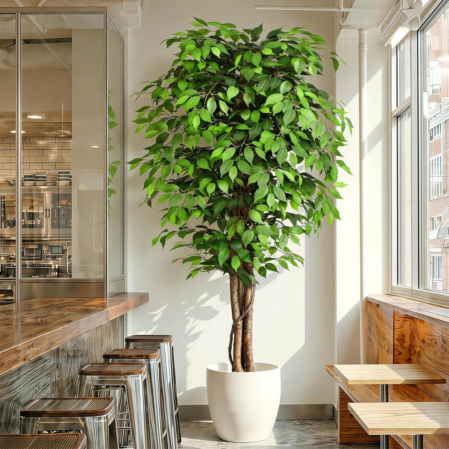 Fiddle Leaf Fig - ต้นไทรประดิษฐ์เสมือนจริงพร้อมลำต้นธรรมชาติและใบไม้เขียวชอุ่ม เหมาะสำหรับตกแต่งภายในบ้านและสำนักงานสมัยใหม่
