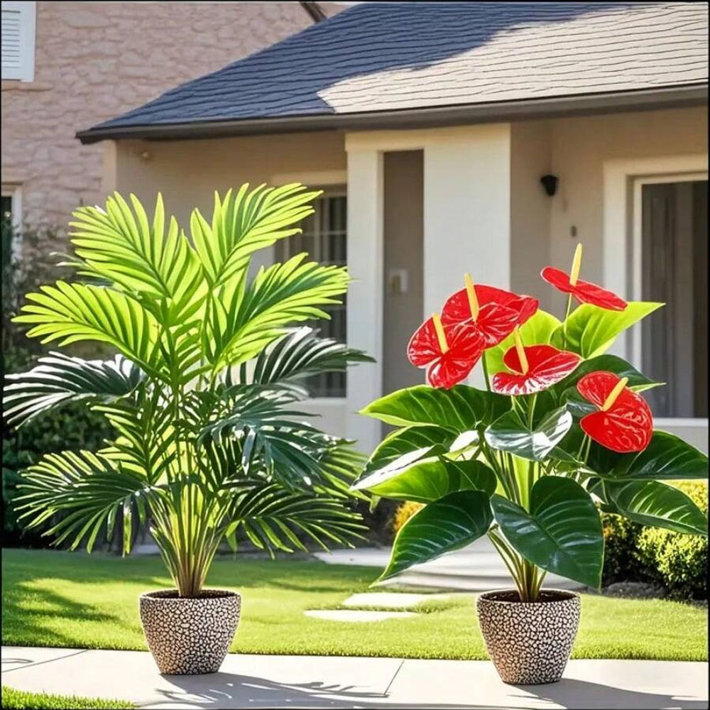 Fiddle Leaf Fig - 2 ชุดขนาดใหญ่พืชปาล์มประดิษฐ์และหน้าวัวสีเขียว Cycads Leaf พลาสติกพุ่มไม้พืชสําหรับระเบียงบ้านสํานักงานตกแต่งกลางแจ้ง